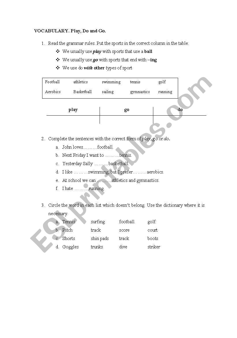 Play, go, do worksheet