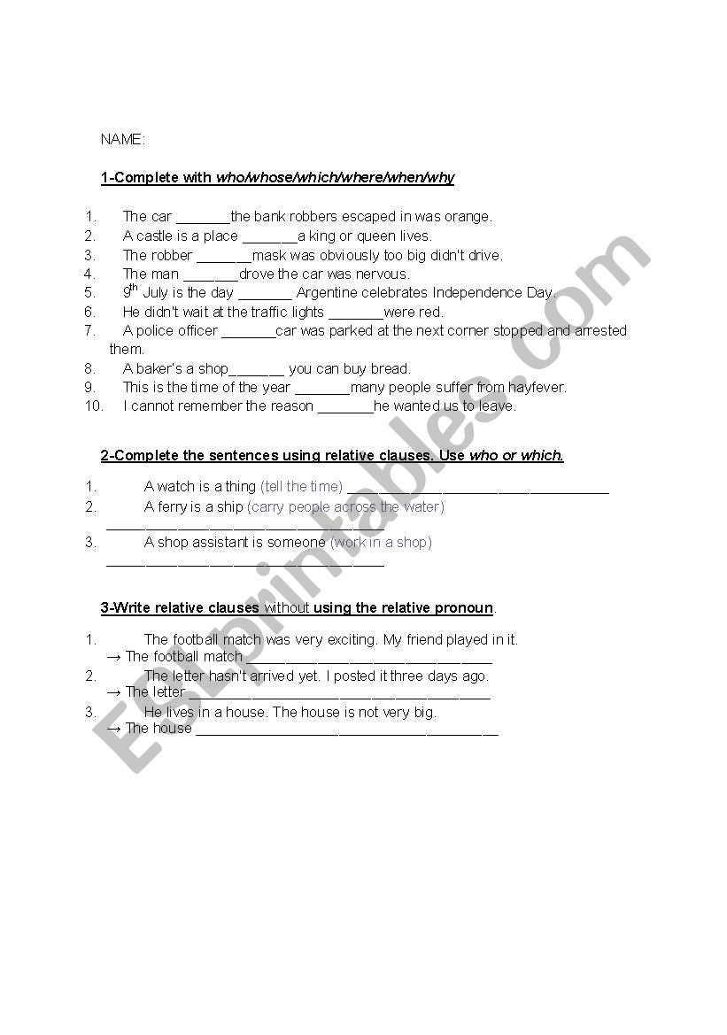 Relative Clauses worksheet