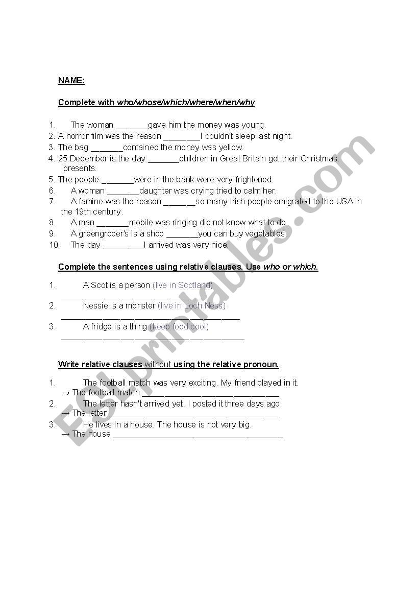 Relative Clauses worksheet