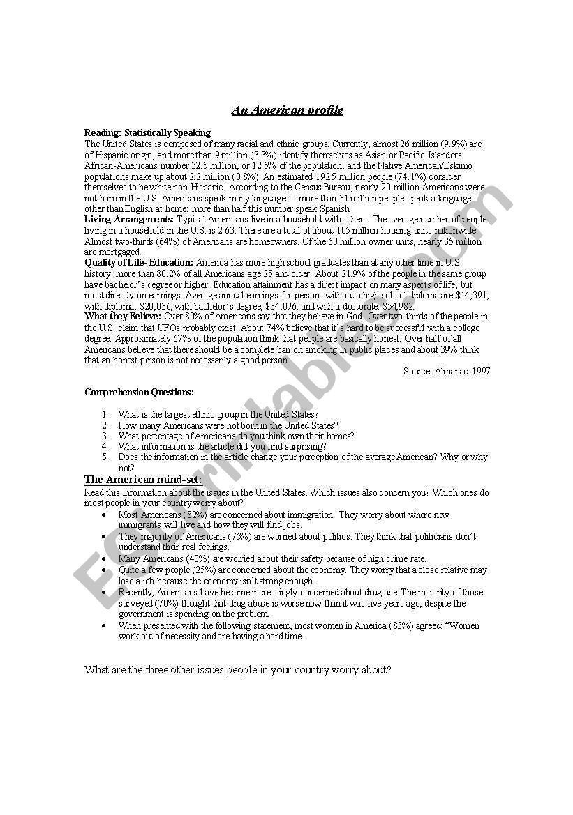 An American profile worksheet