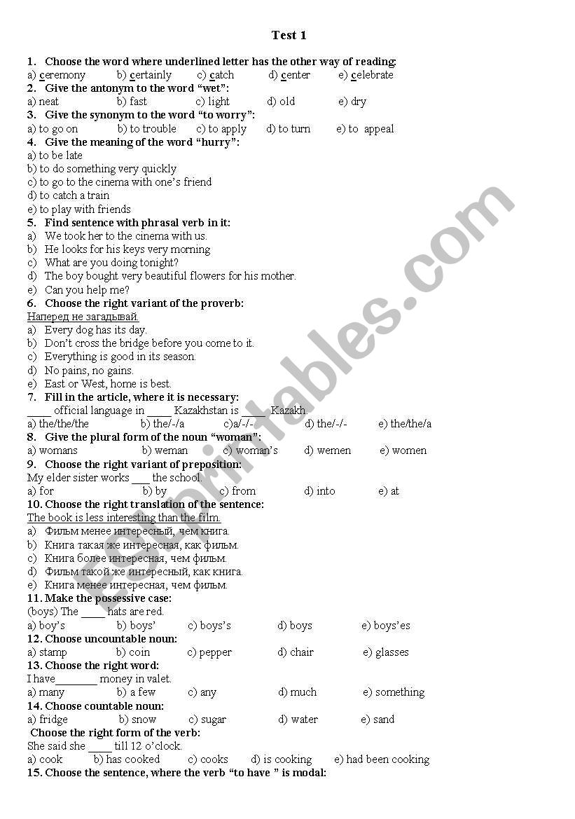 Grammar Test worksheet