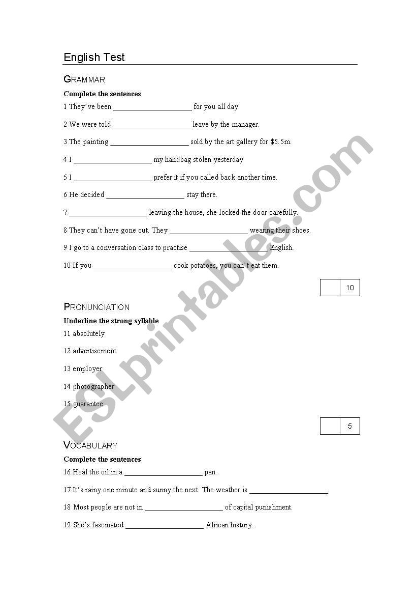 English Test 2 worksheet