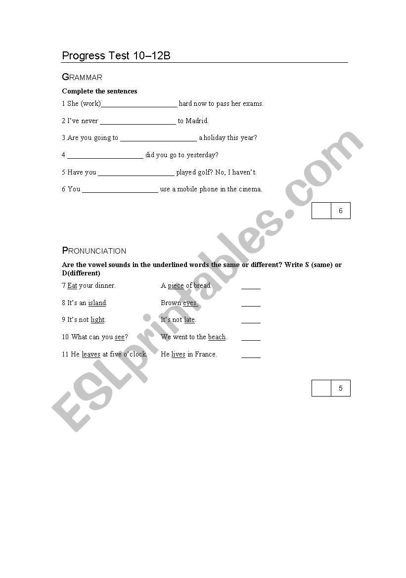 Progress test worksheet