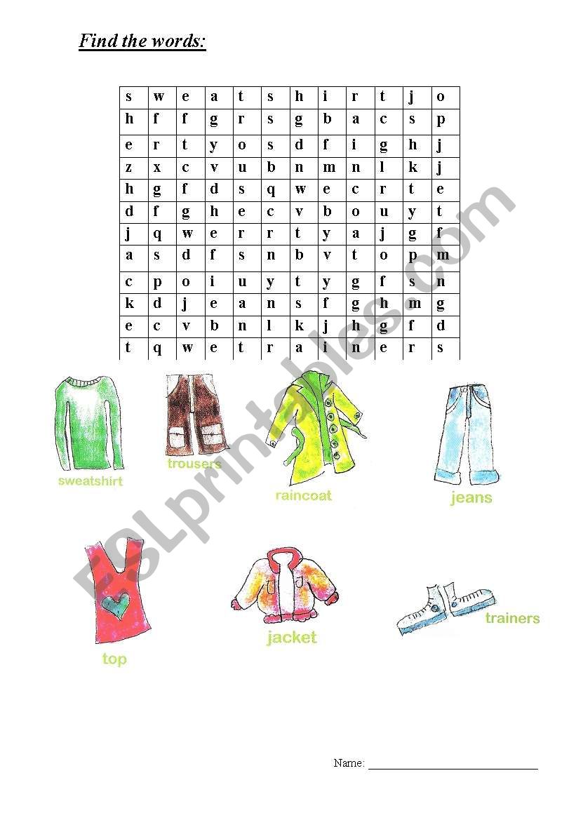 clothes wordsearch worksheet