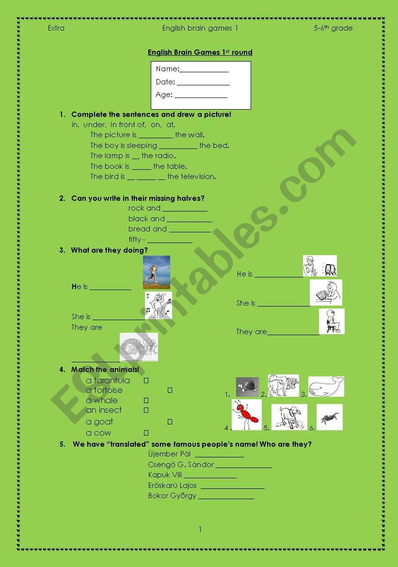 English brain games 1 worksheet