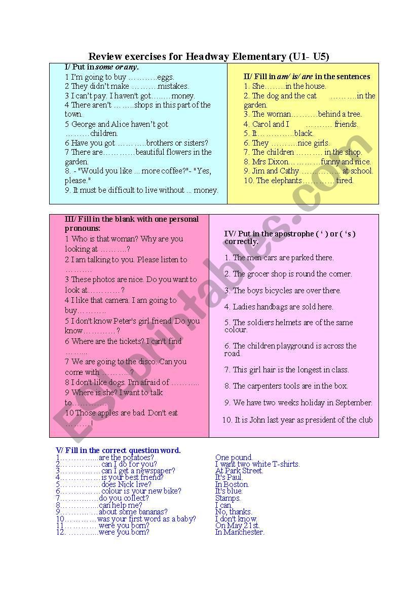 Headway Elementary Review Exercises