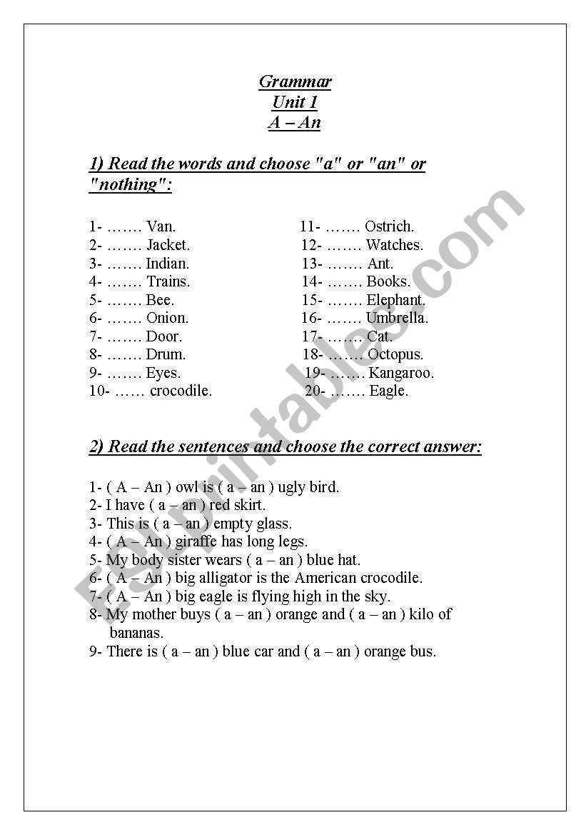 A - An worksheet