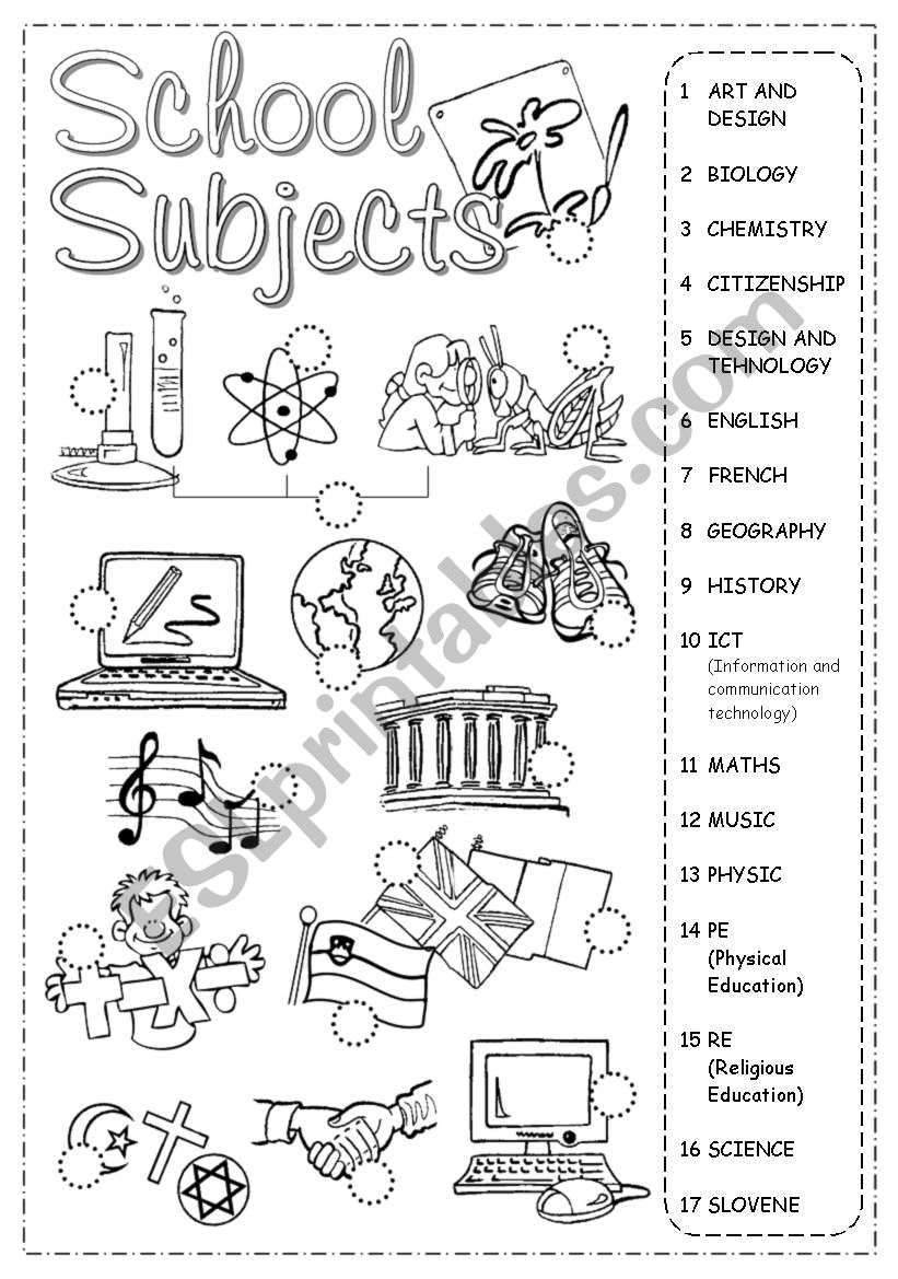 School Subjects Pictionary worksheet