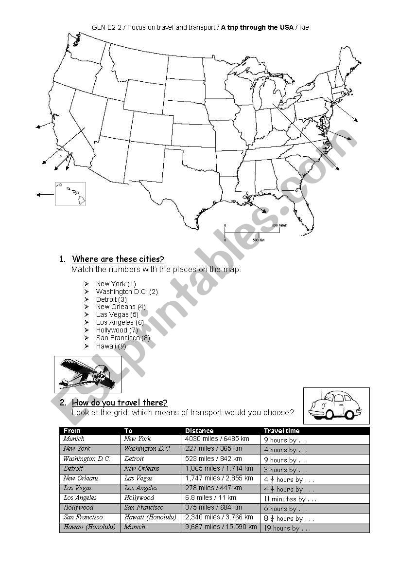 A trip through the USA worksheet