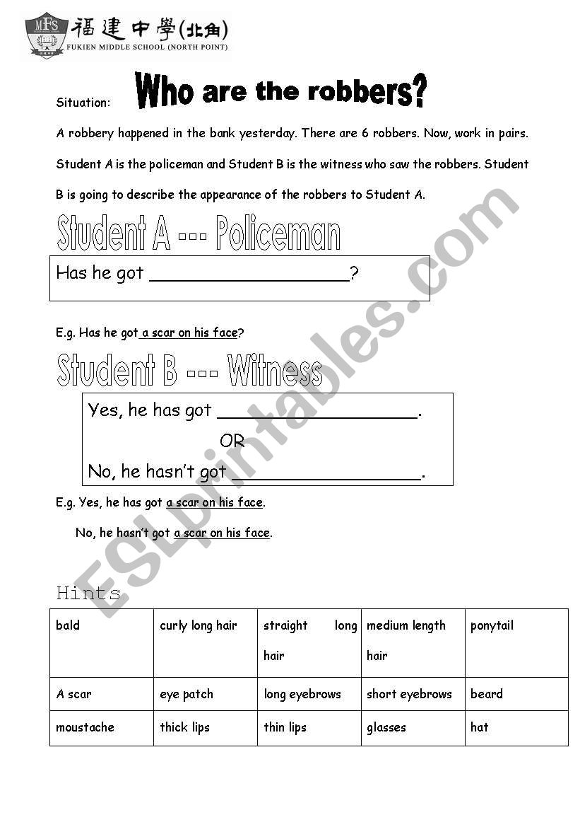 English worksheets: Who are the robbers