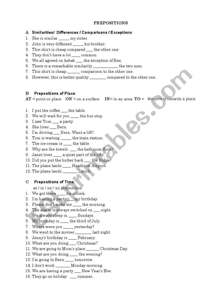 prepositions exercises  worksheet