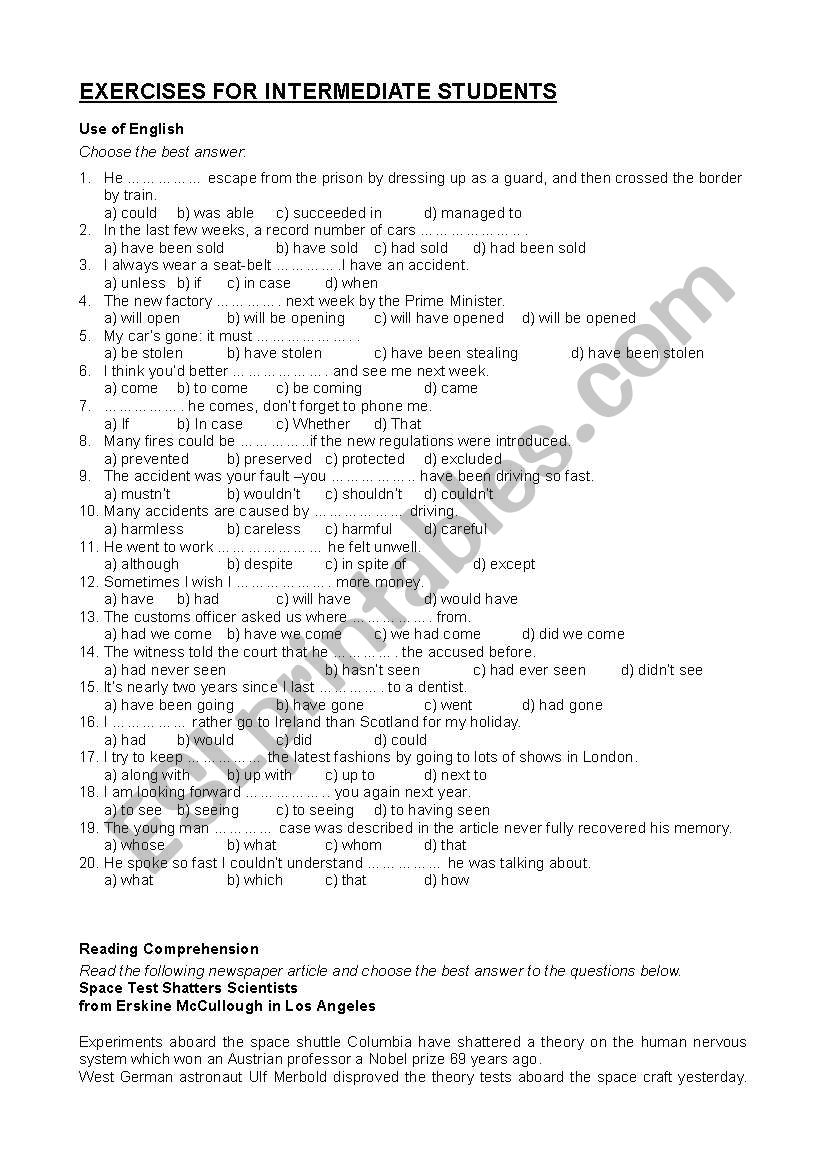 EXERCISES FOR INTERMEDIATE STUDENTS ESL Worksheet By Eiremerida78