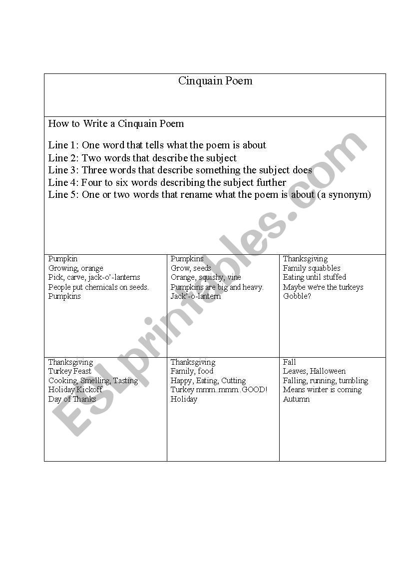 Cinquain Poem Lesson Plan worksheet