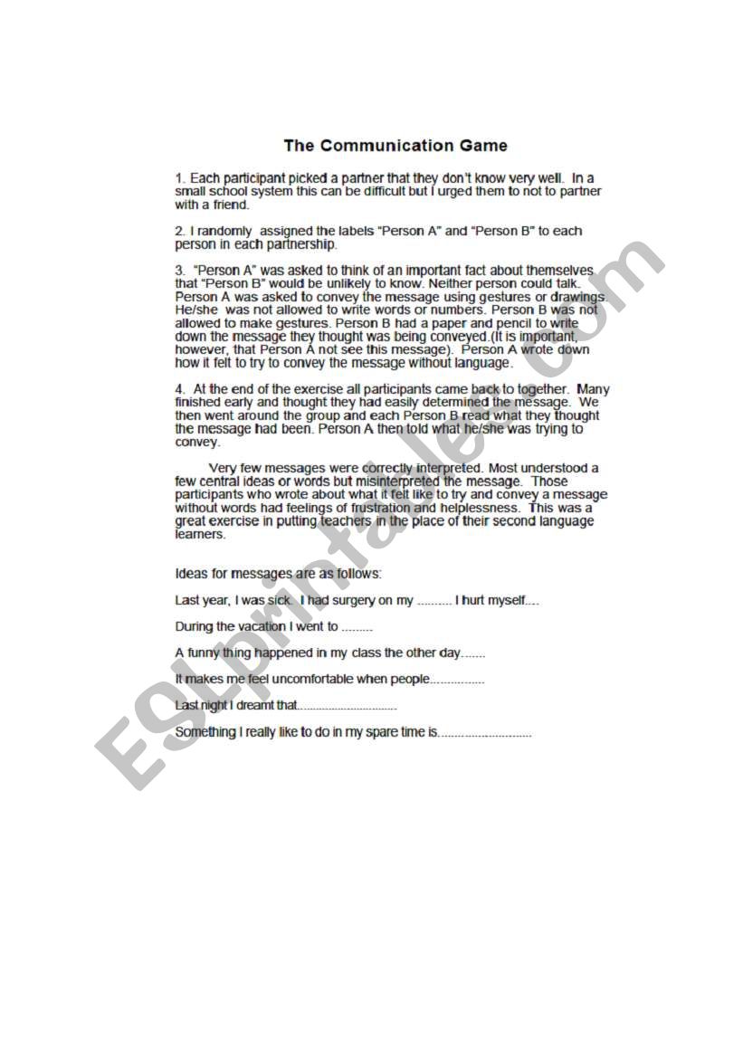 The communication game worksheet