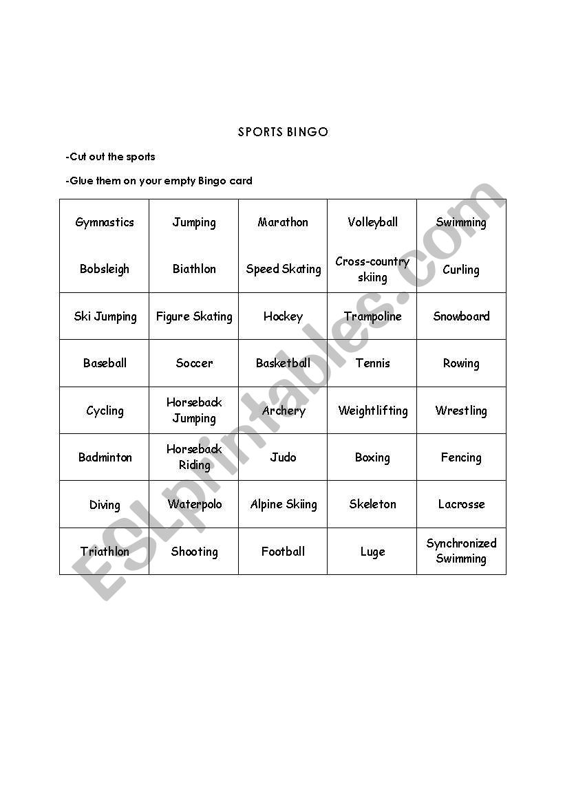 Sports Bingo Tags worksheet