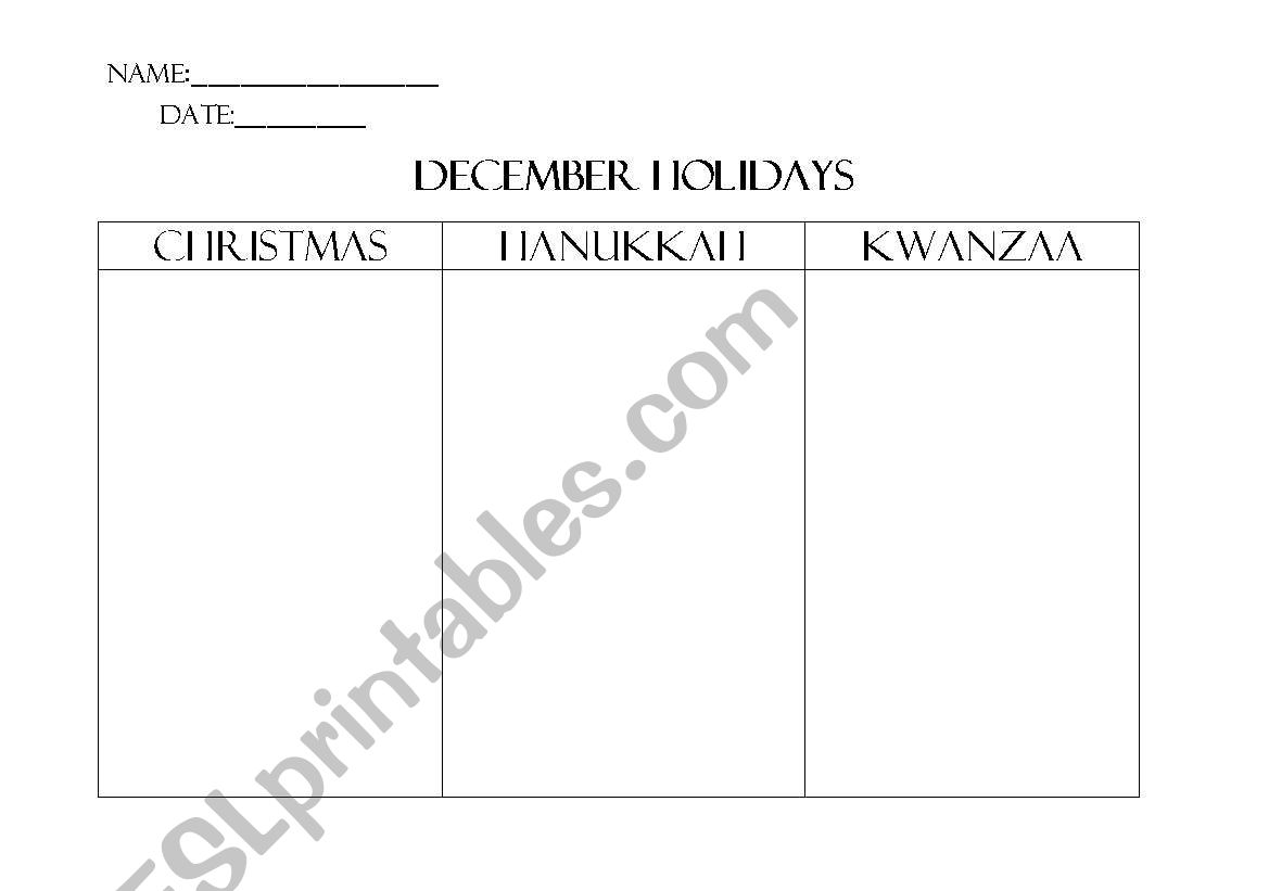 December Holiday Sorting worksheet