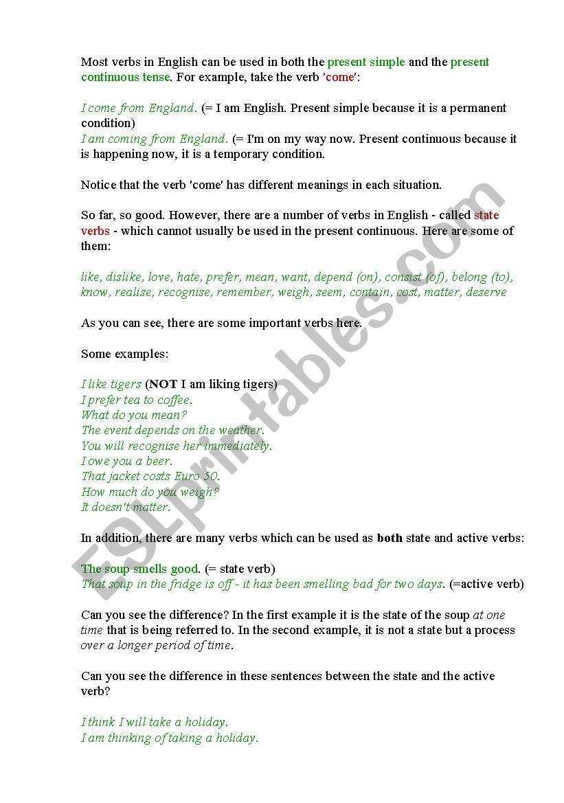 English Worksheets Active And State Verbs