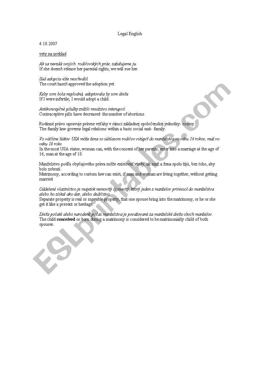 legal english worksheet