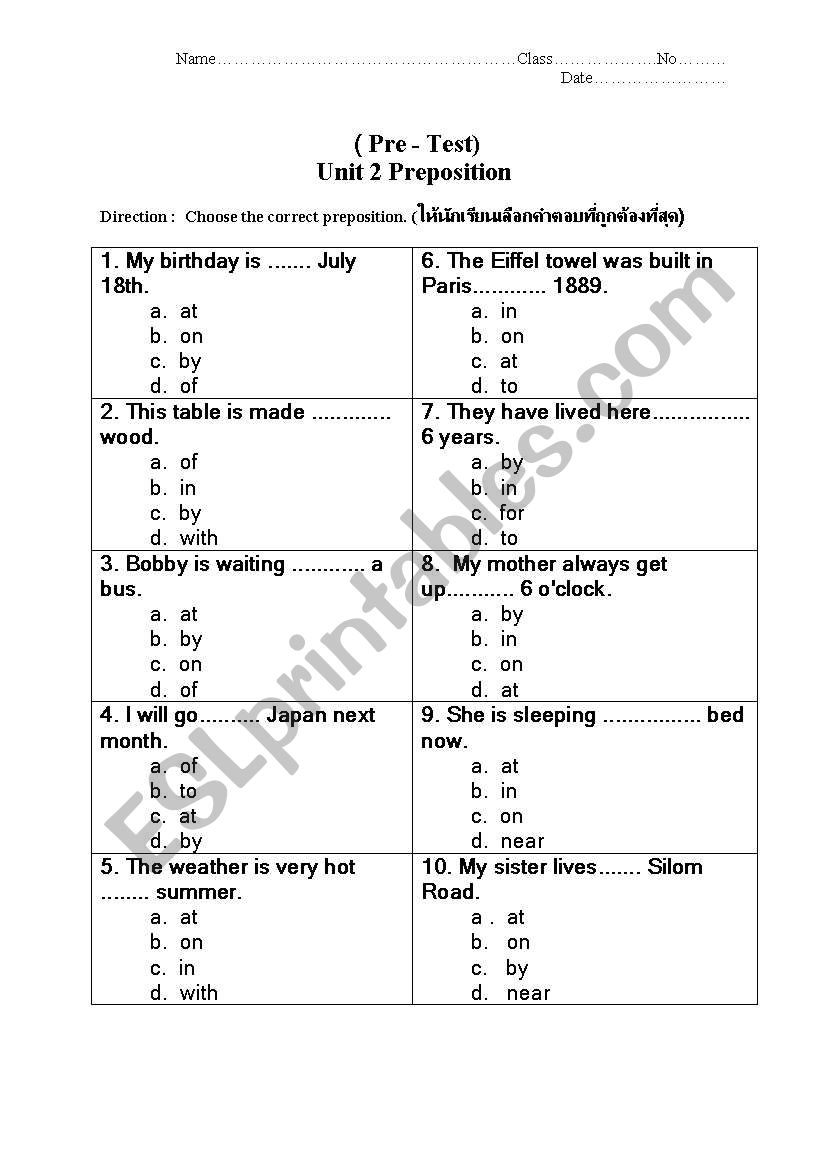 pre test worksheet