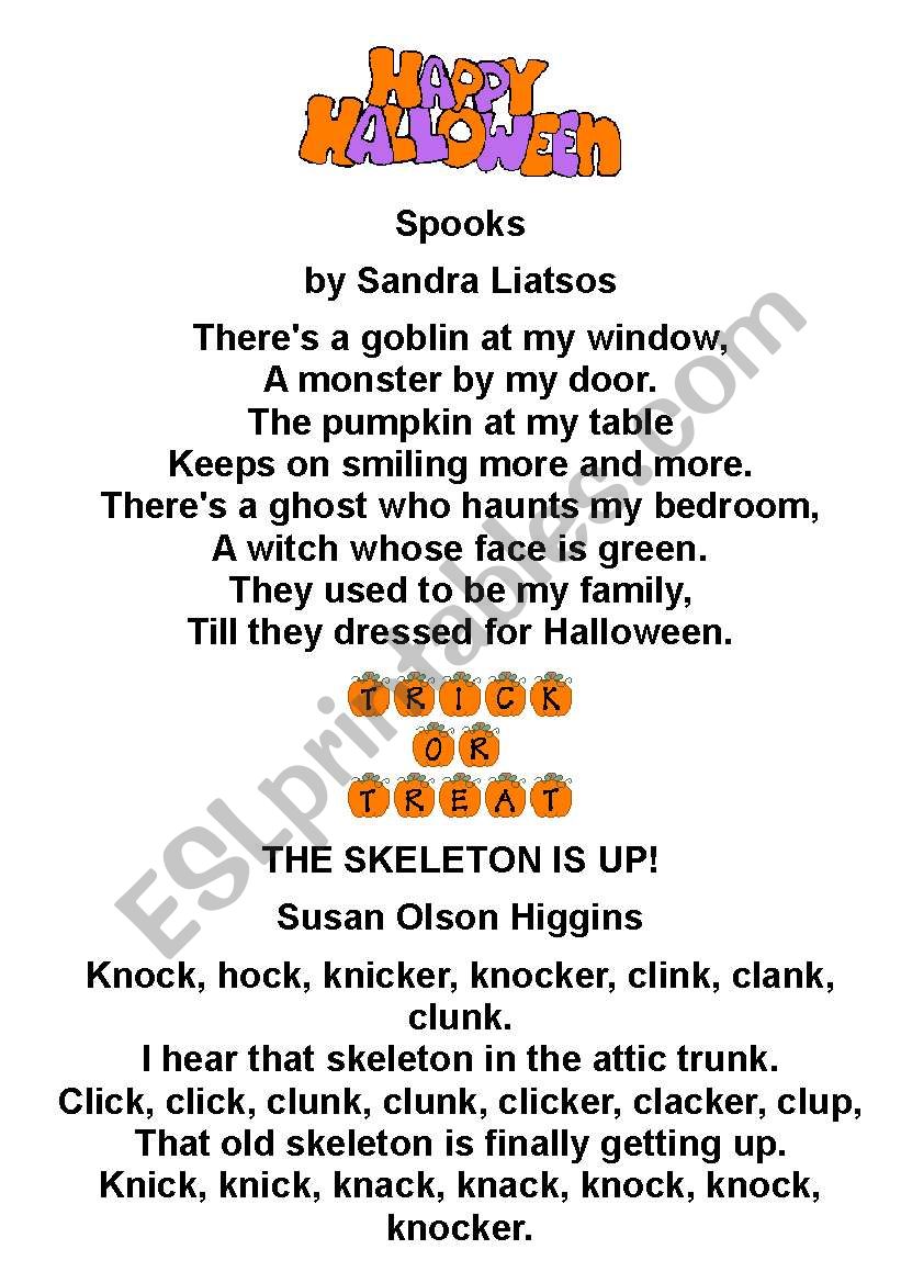 Halloween Chants Poems Esl Worksheet By Ereslopeoor