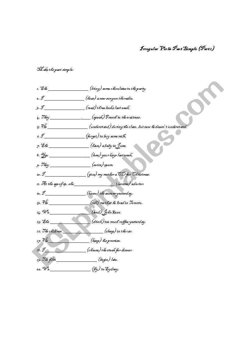 irregular verbs past tense worksheet