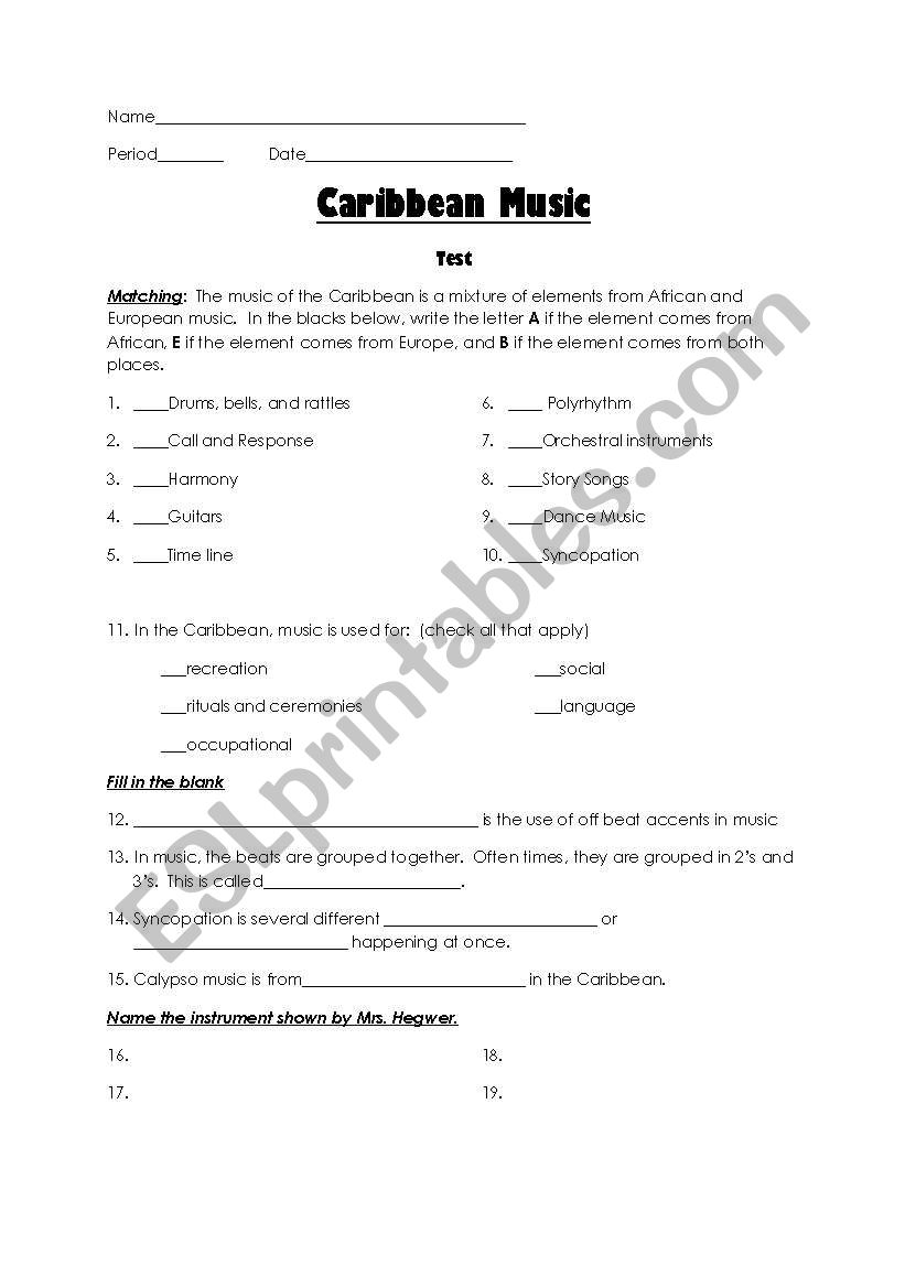 Caribbean Music worksheet