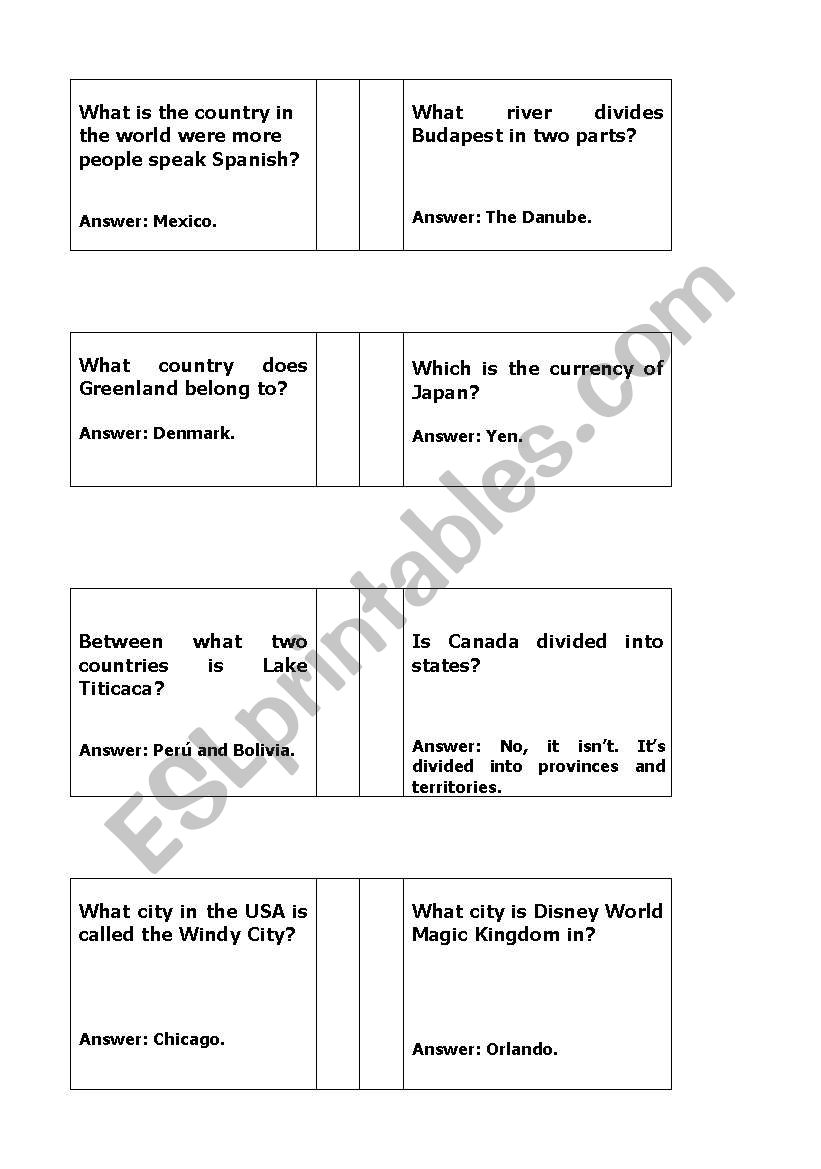 English Worksheets Geography Trivia Questions