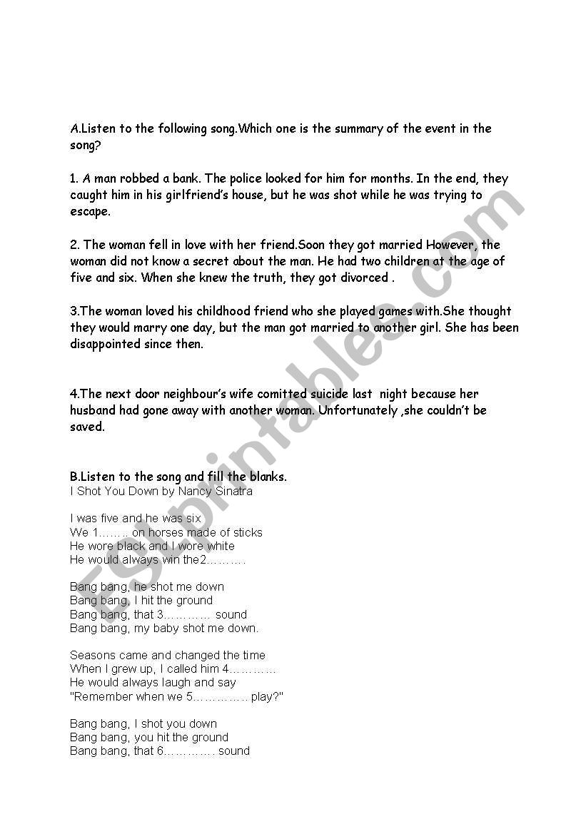 English Worksheets Song