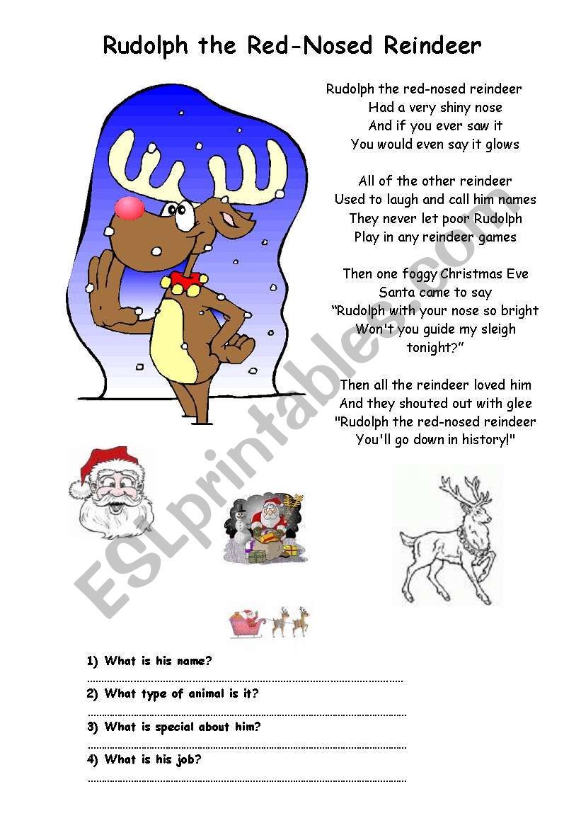 A Christmas Song Rudolph The Red Nosed Reindeer ESL Worksheet By Toubibornottoubib