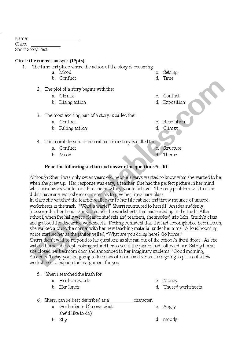 short story  worksheet