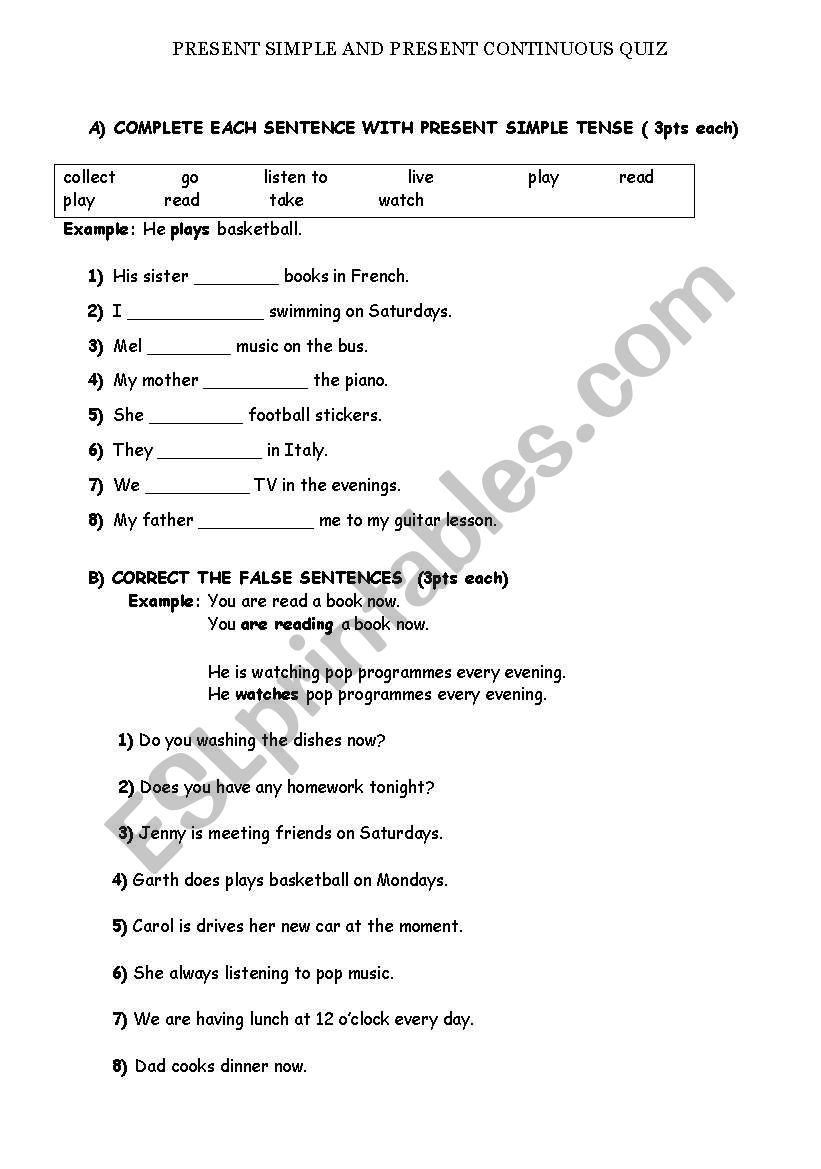 prsent simple and continuous quiz