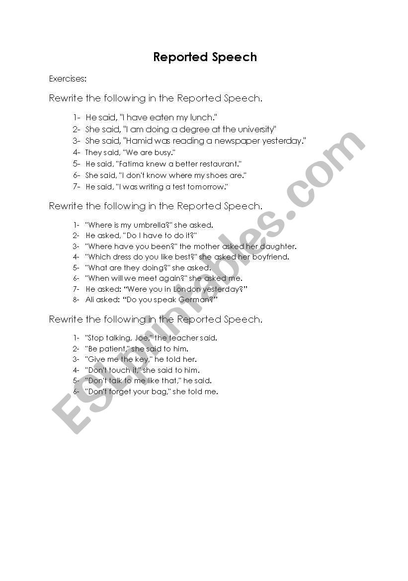 Reported speech worksheet