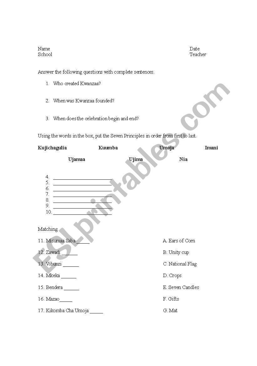 Celebrating Kwanzaa worksheet