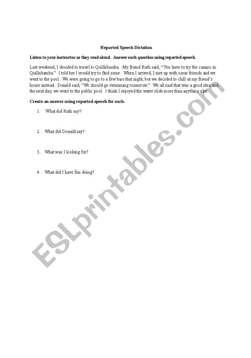 Reported Speech Dictation worksheet