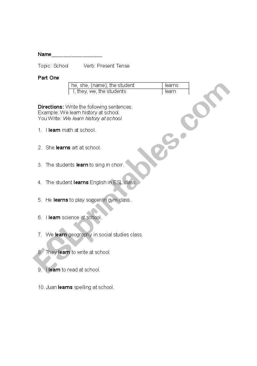 Learn/Learns worksheet