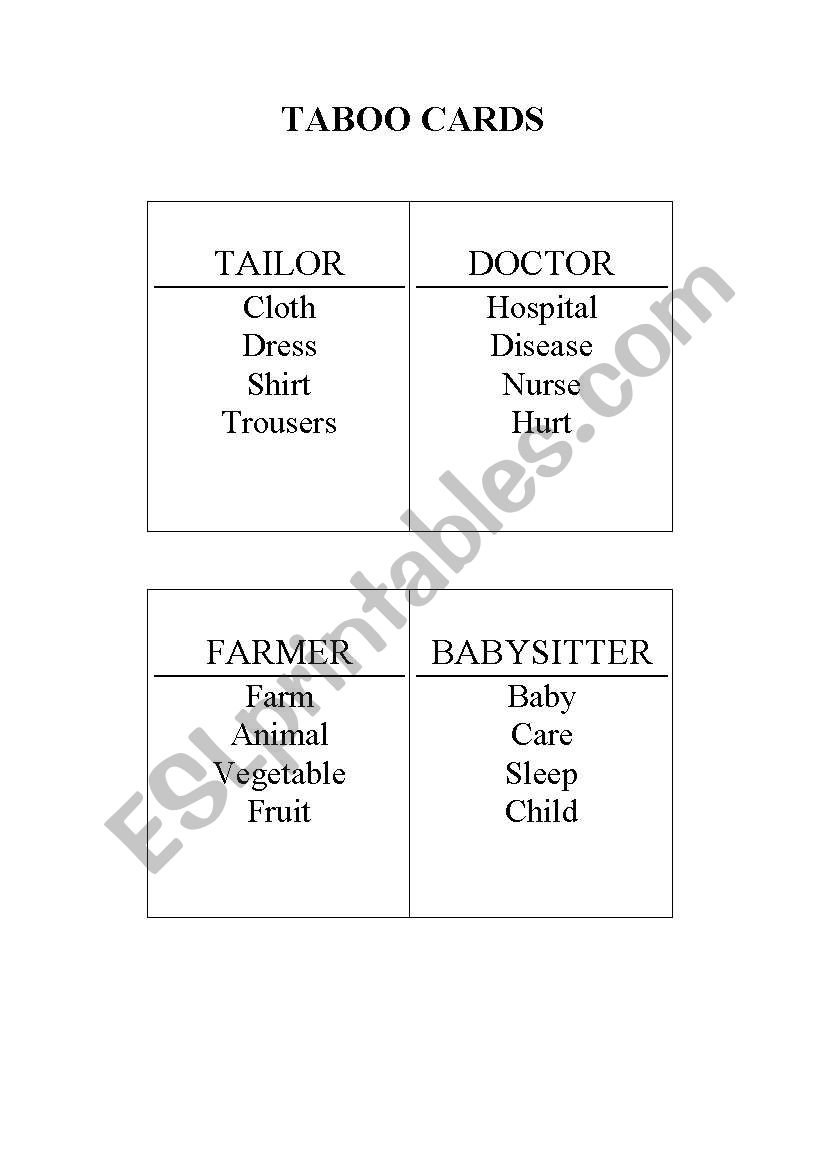 jobs taboo cards worksheet