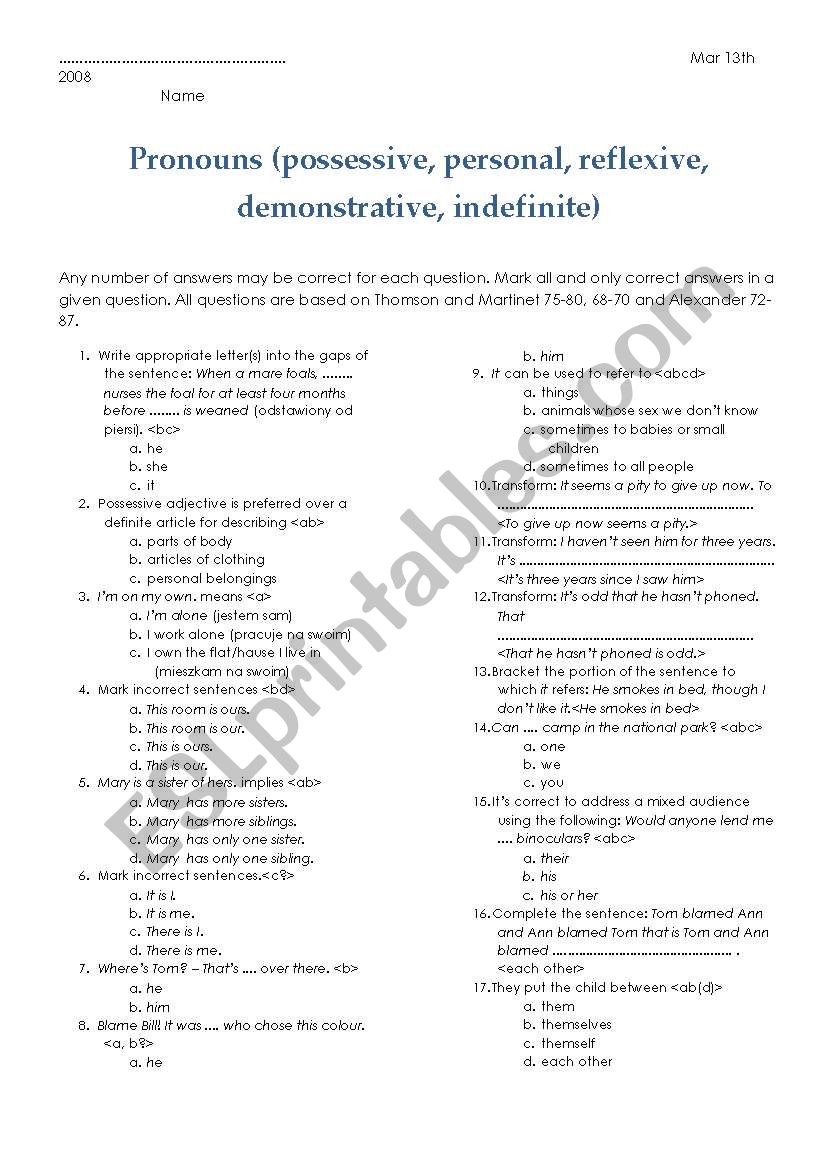 pronouns test worksheet