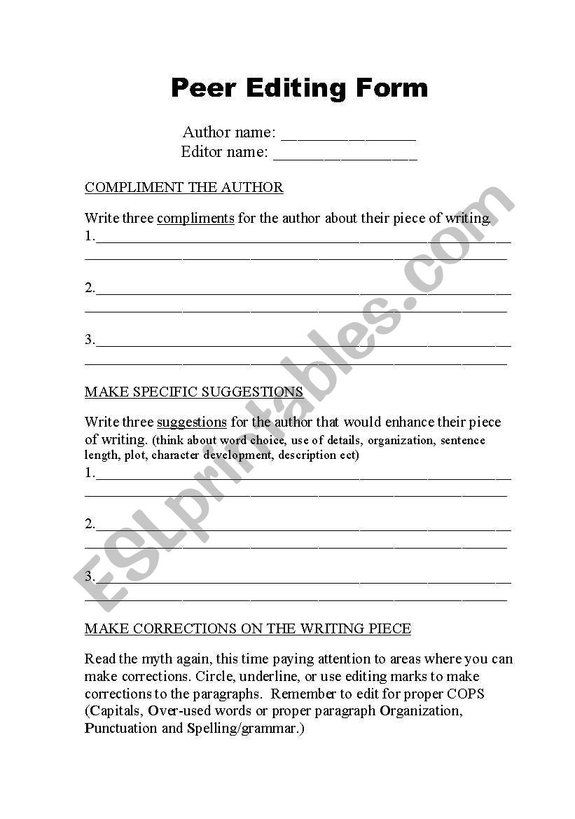 Peer editing form worksheet