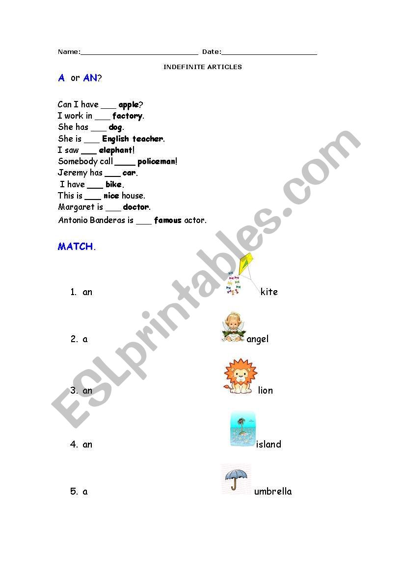 indefinite articles A /An worksheet