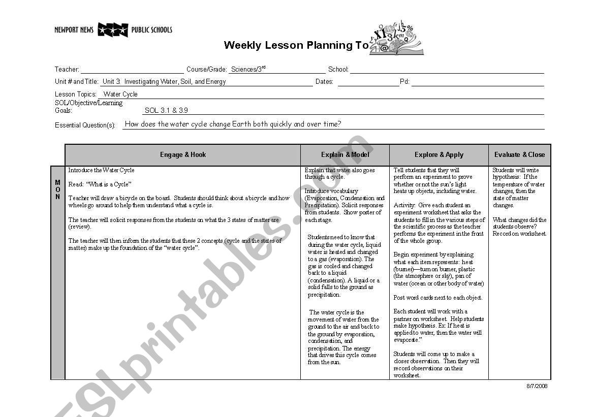 Water Cycle Lesson Plan with ESL accomodations