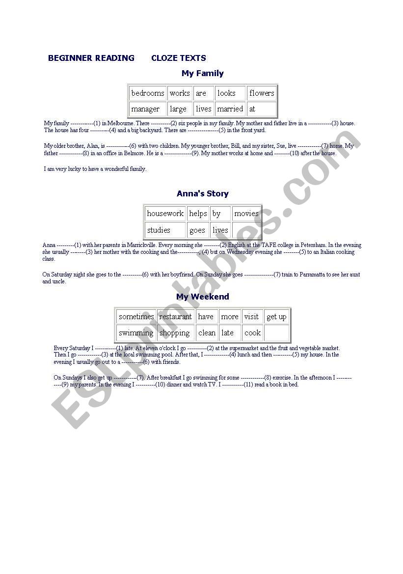 Beginner Reading cloze test worksheet