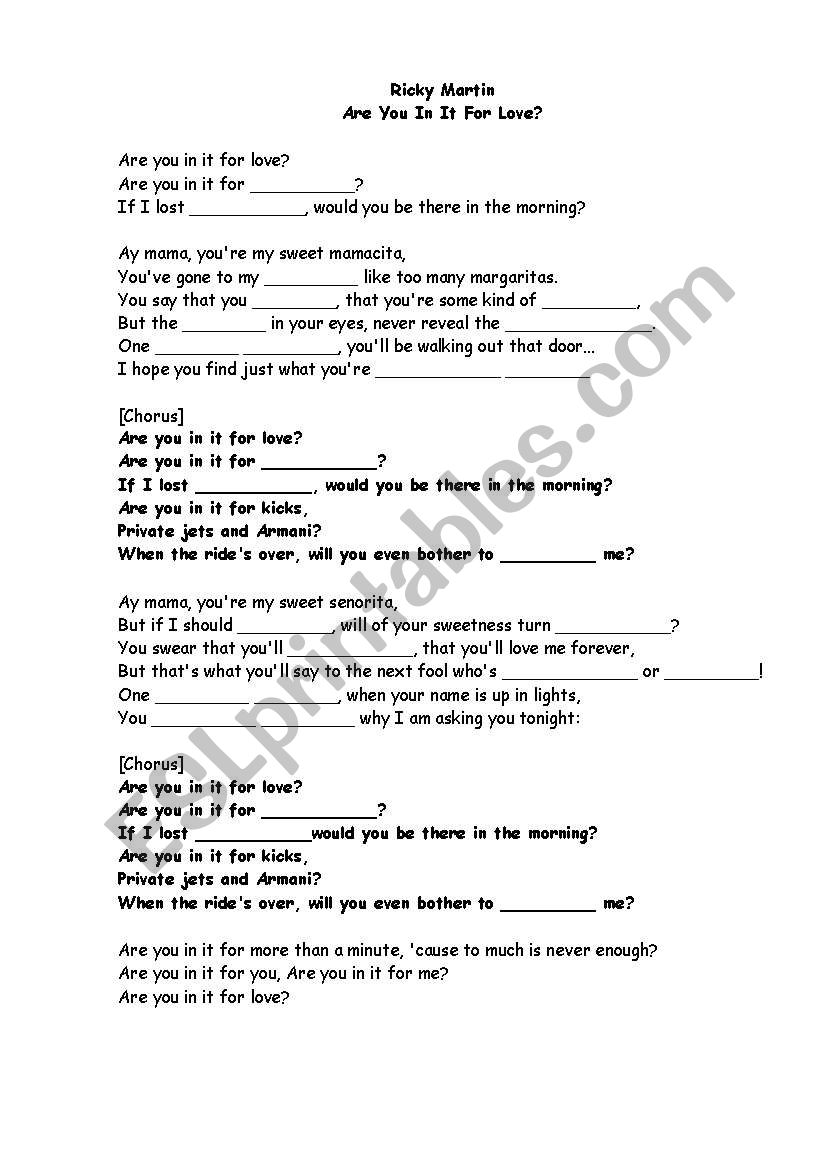 song: Are you in it for love? worksheet