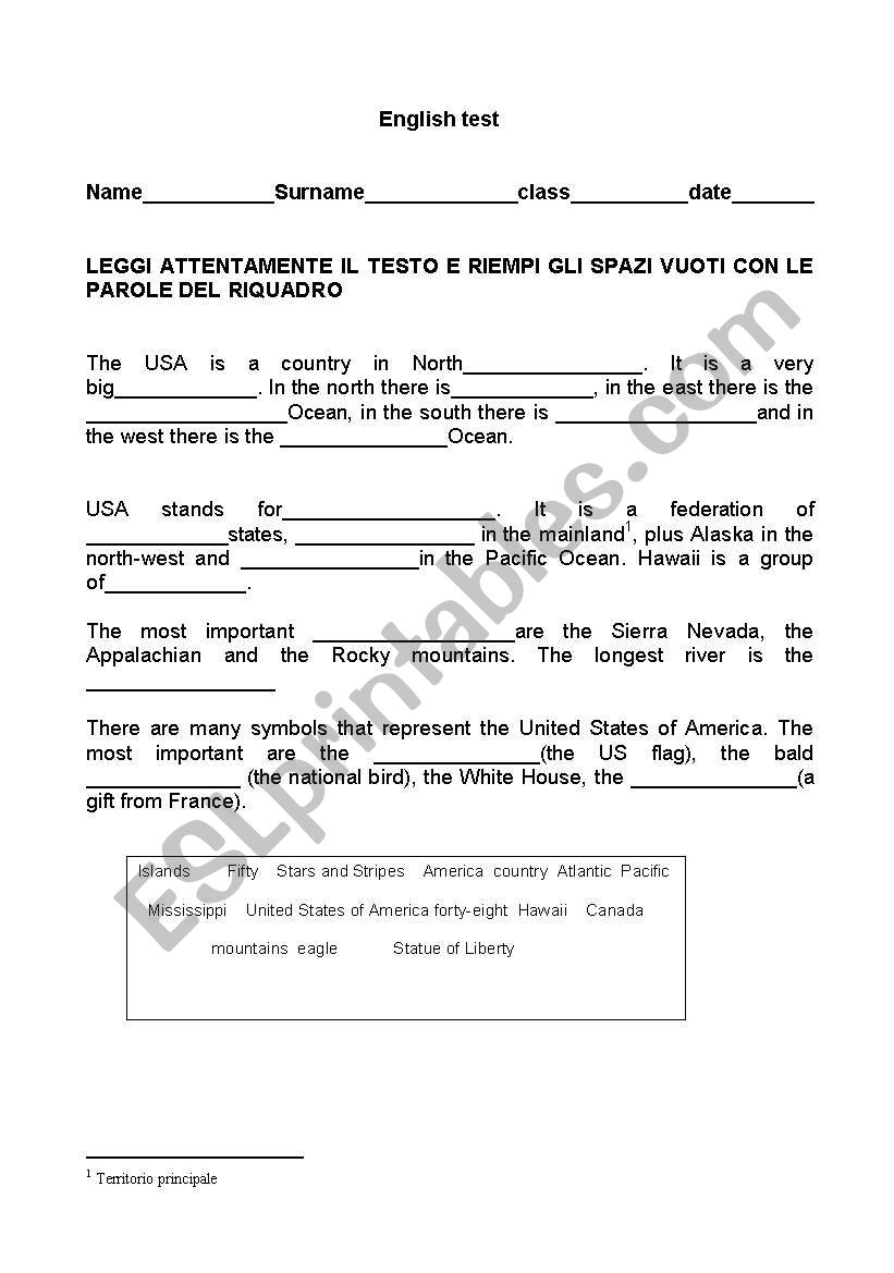 CLOZE THE USA worksheet