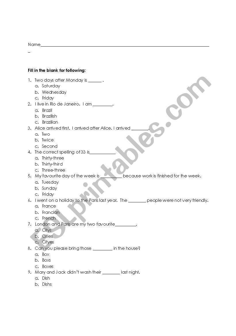 Beginners Exam worksheet