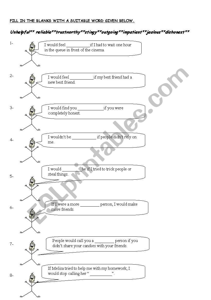 character adjectives worksheet