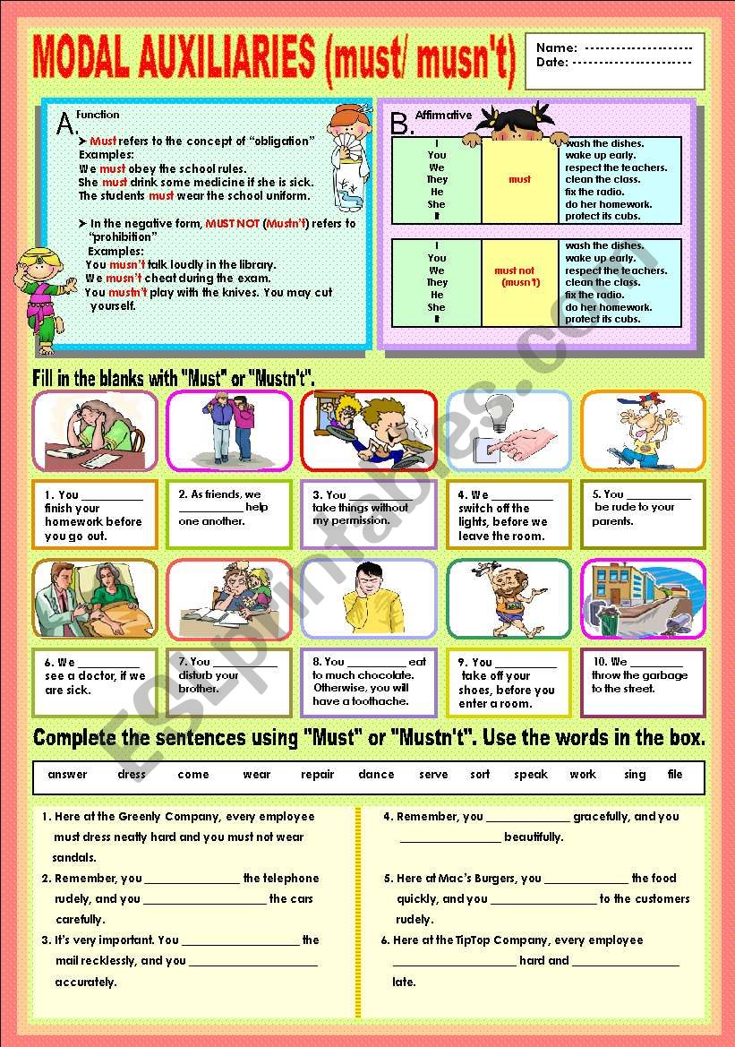 Модальный глагол must Worksheets for Elementary students. Can must Worksheets. Must mustn't Worksheets for Kids. School Rules must mustn't.