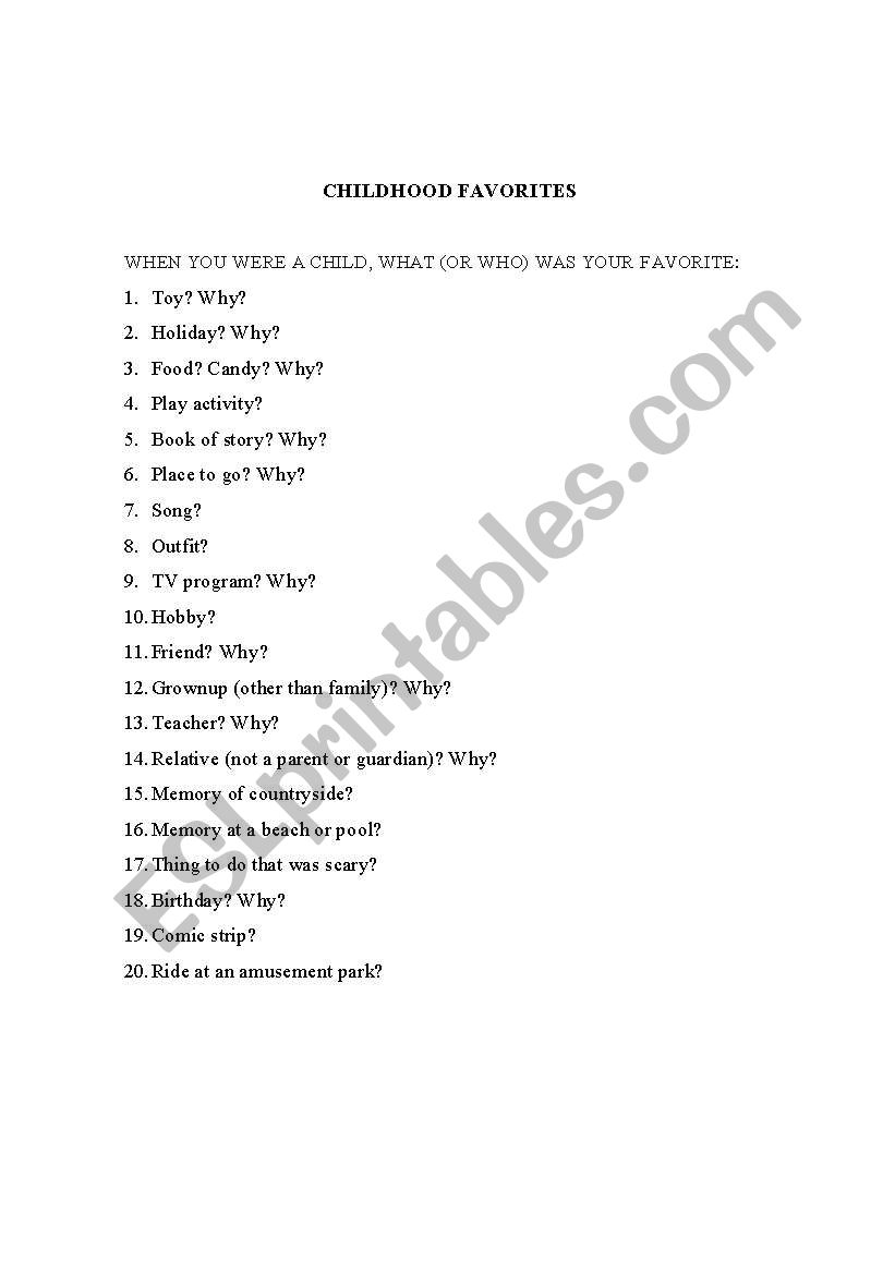 Childhood favorites worksheet