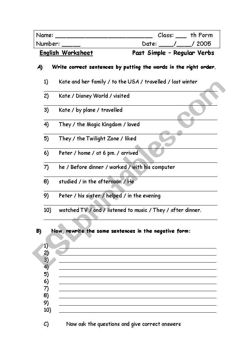 English worksheets: past simple