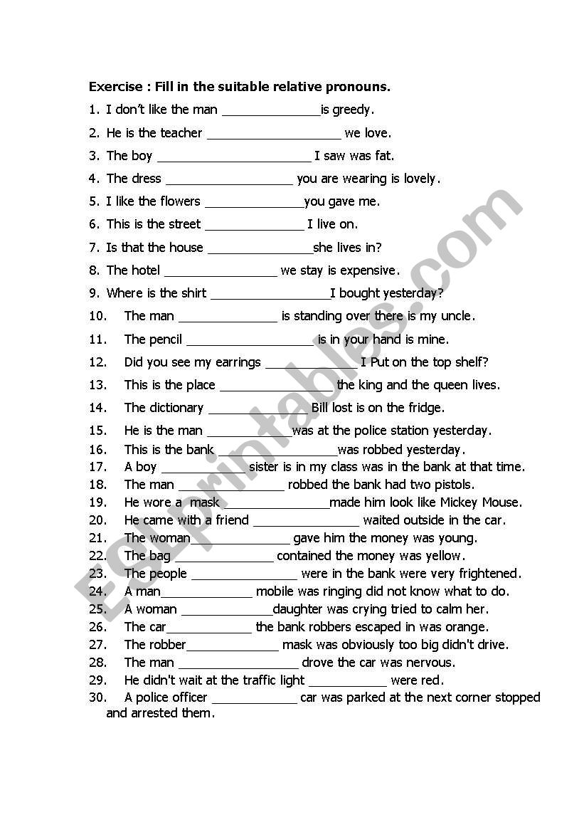 Relative pronouns worksheet