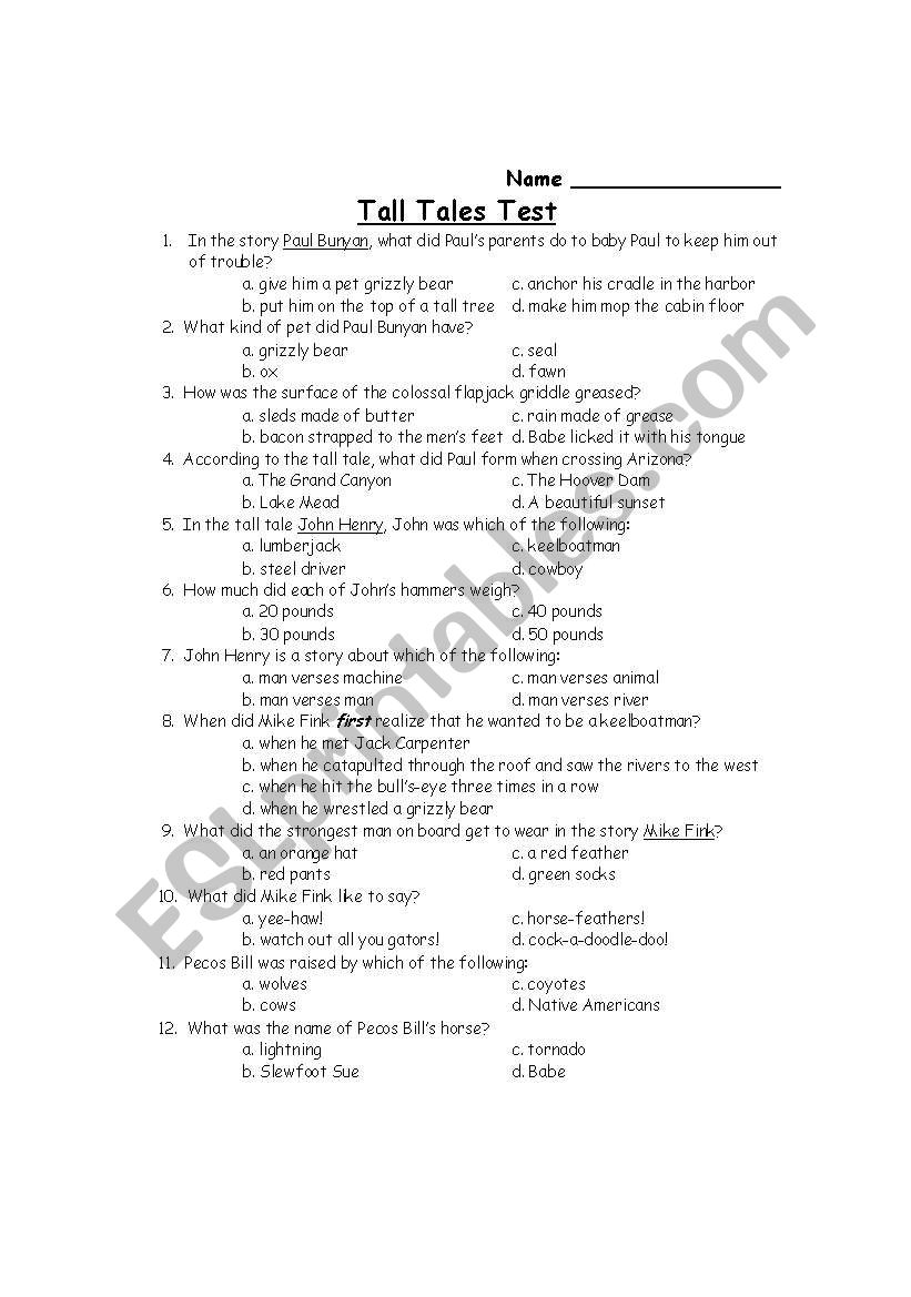 Tall Tales Test worksheet